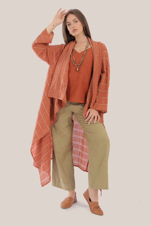 Striped coat with draped collar and long sleeves
